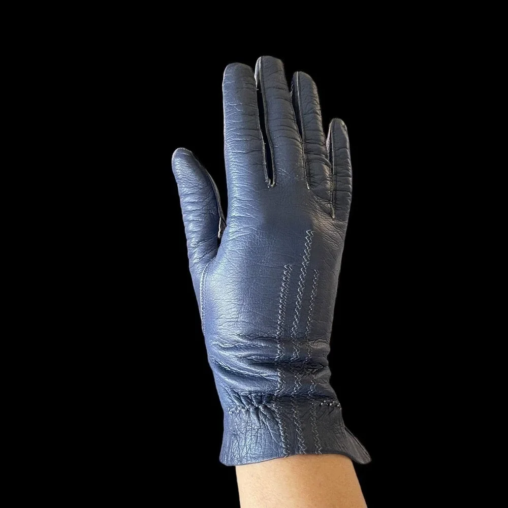 Sexy Dark Blue Leather Vintage Driving Gloves 1950's Size 6.5